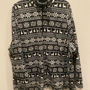 Lands End Women's Black and White Reindeer Fleece Pullover